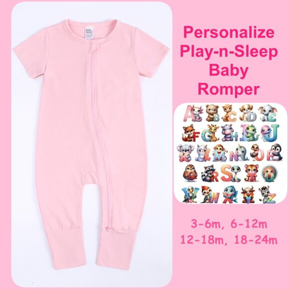 CUTE MONOGRAM-BABY ROMPER-Short Sleeve Double Zipper Cotton Pink 4-Sizes Girl - Picture 1 of 14